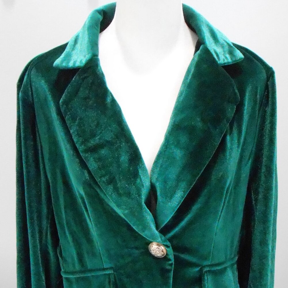 Women's Dark Green Velvet One Button Lapel Collared Blazer Slim Fit Jacket Sz-M